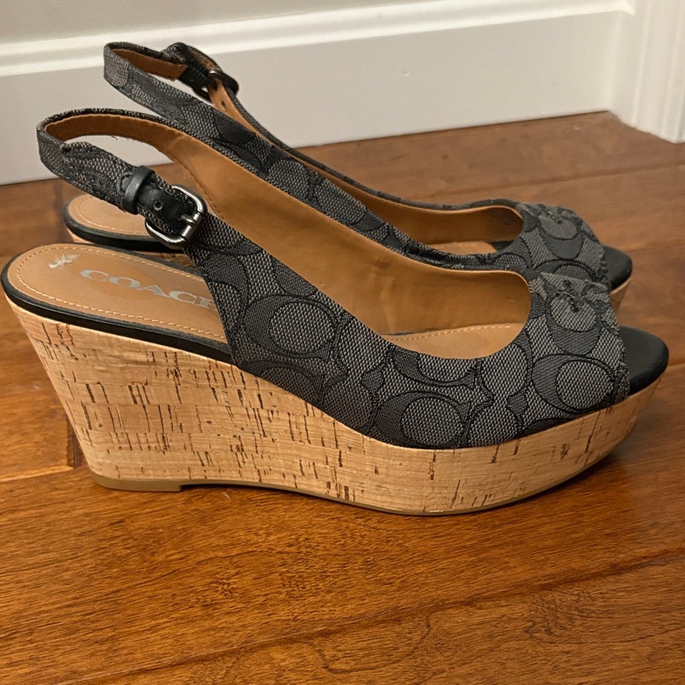 Coach Black Patterned Wedges with Tan Heel
